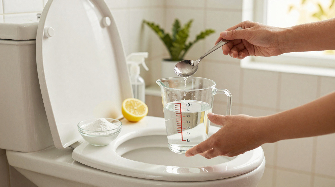 Hands pouring liquid from a spoon into a glass measuring jug above an open toilet bowl in a bathroom.