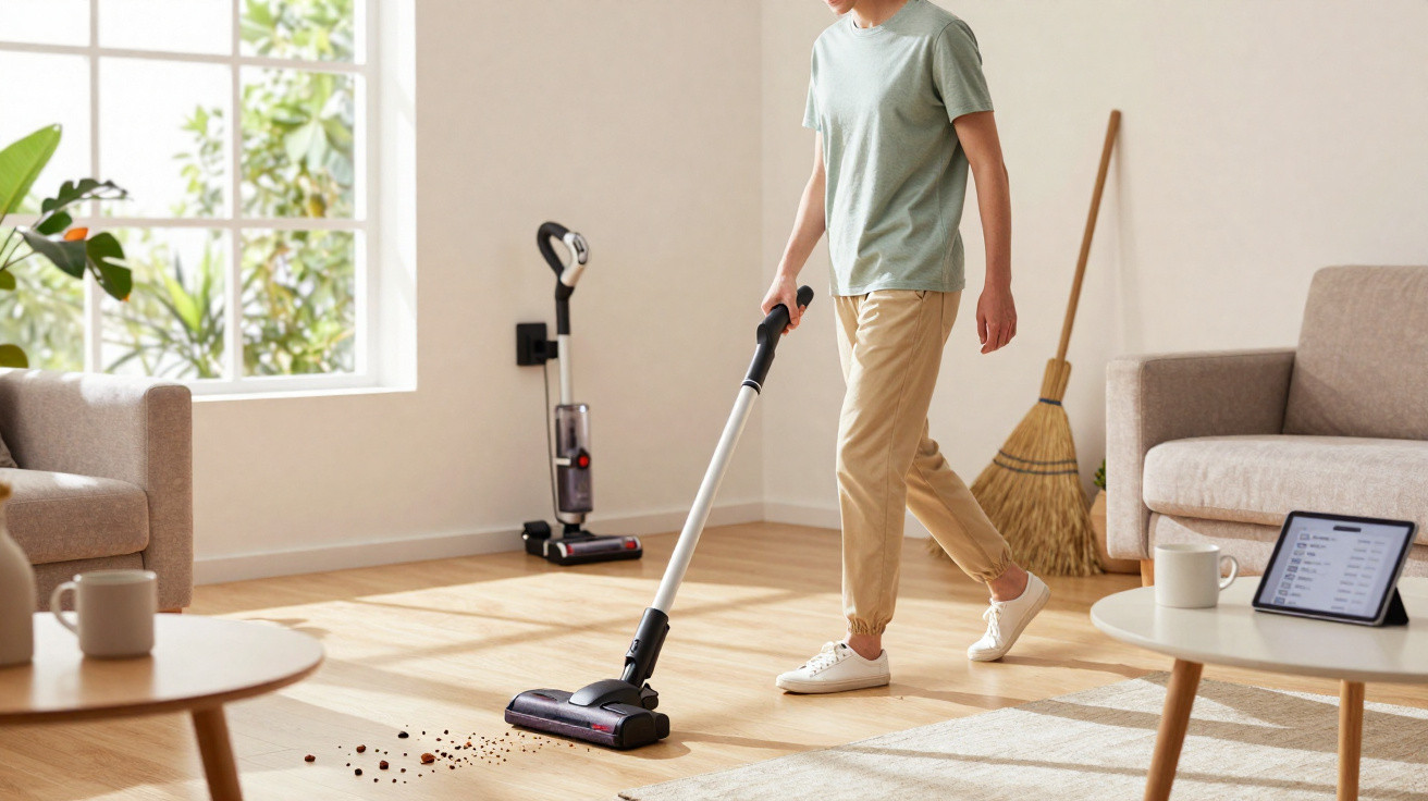 Person using a cordless vacuum cleaner to clean dirt from a wooden floor in a bright living room.