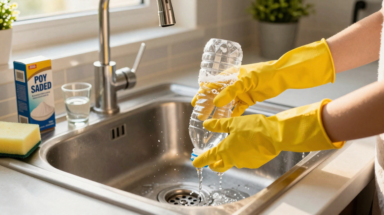 Person wearing yellow gloves rinsing a plastic bottle over a kitchen sink with cleaning supplies nearby.