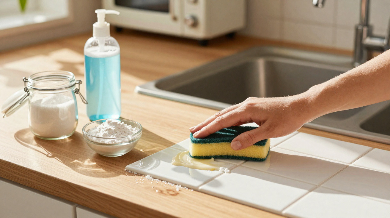 Hand cleaning white tiled kitchen counter with sponge, detergent, and cleaning supplies nearby in bright room.
