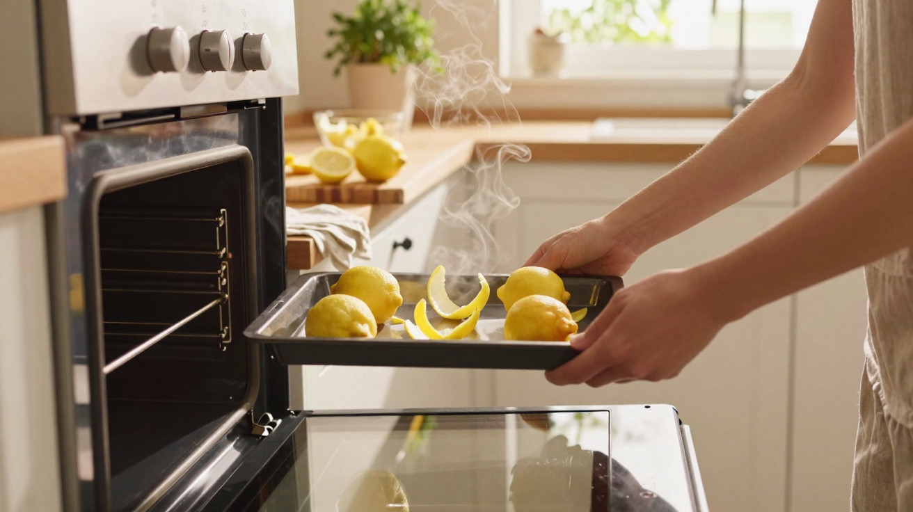 Person placing a tray of steaming lemons and lemon peels into a kitchen oven.