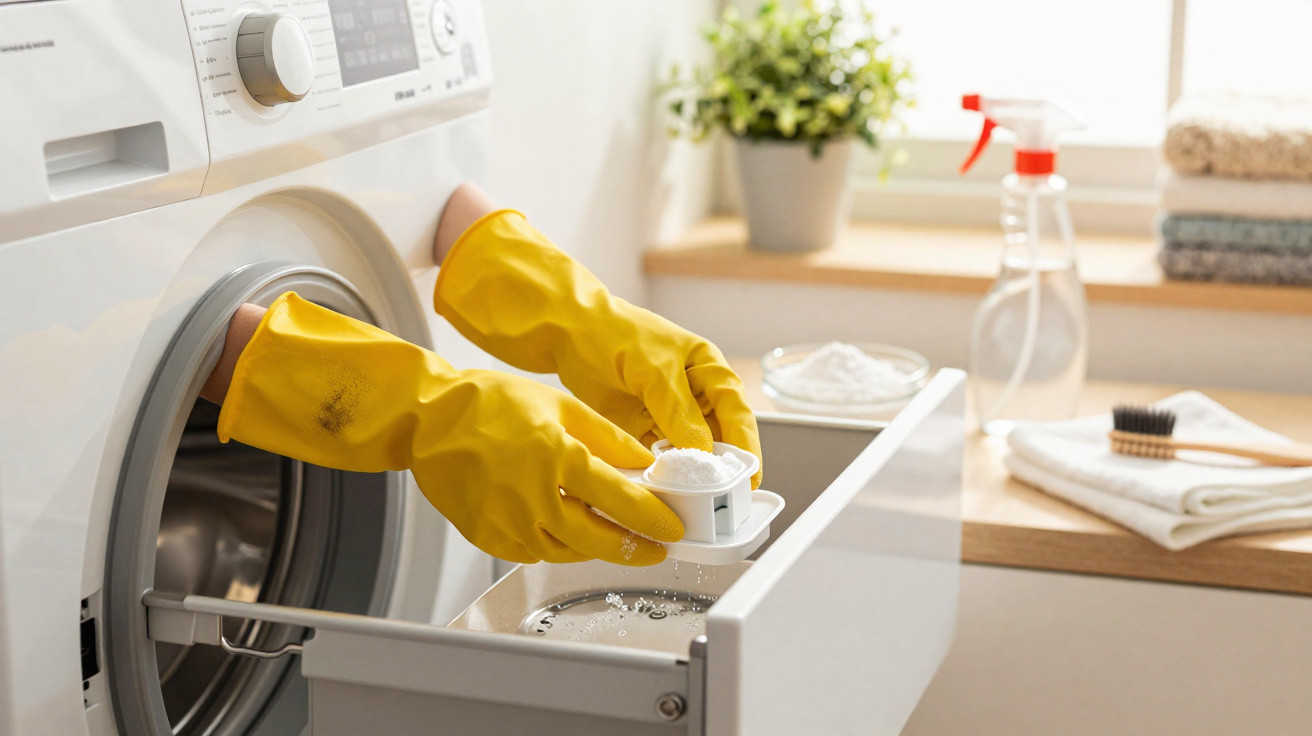 Hands in yellow gloves adding powdered detergent to a front-loading washing machine drawer.
