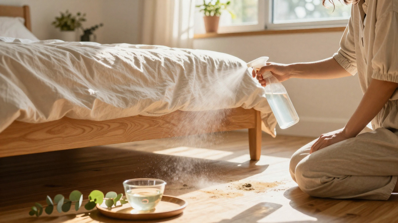 Person spraying water from a bottle on dust on the wooden floor next to a bed in a bright room.