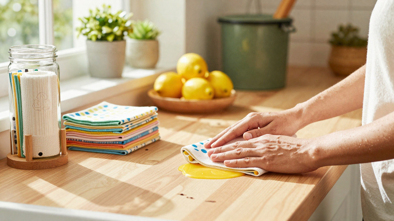 Hands wiping a yellow spill on a wooden kitchen countertop with colourful cloths and lemons in the background.