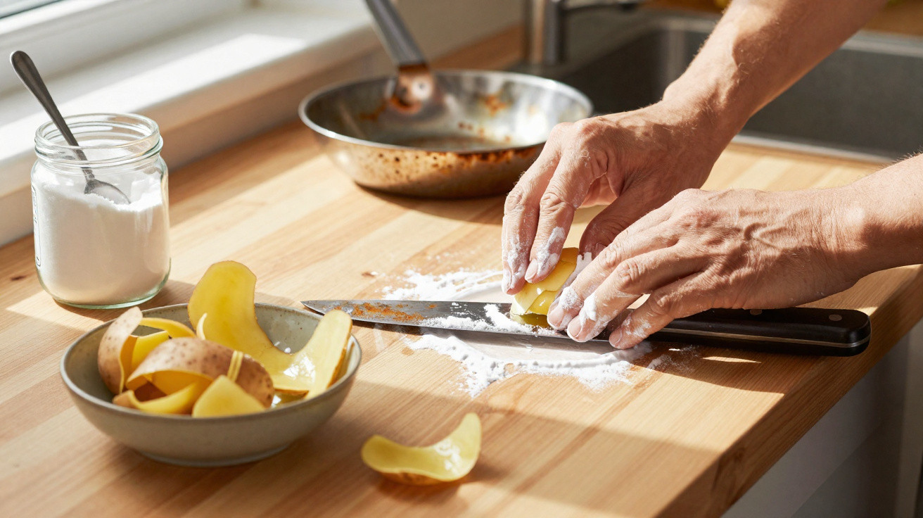 Person slicing potatoes on a wooden kitchen countertop with flour, a knife, and a bowl of potato peels nearby.