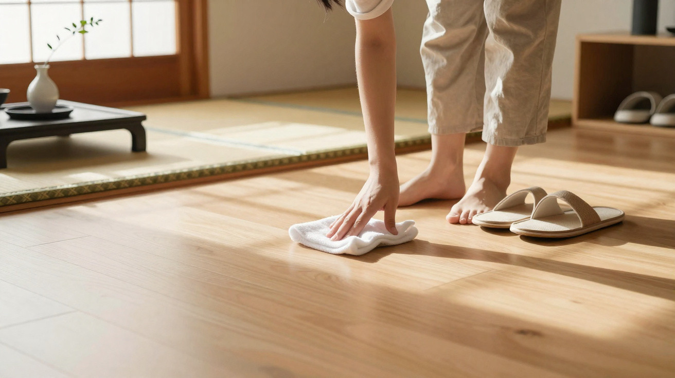 Person wiping a wooden floor with a cloth next to beige slippers in a sunlit room.
