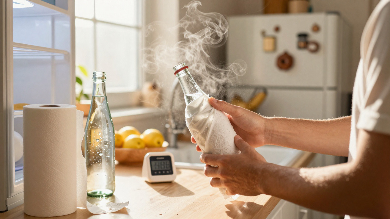 Person holding a steaming frosted glass bottle in a sunlit kitchen near paper towels and fruit bowl.