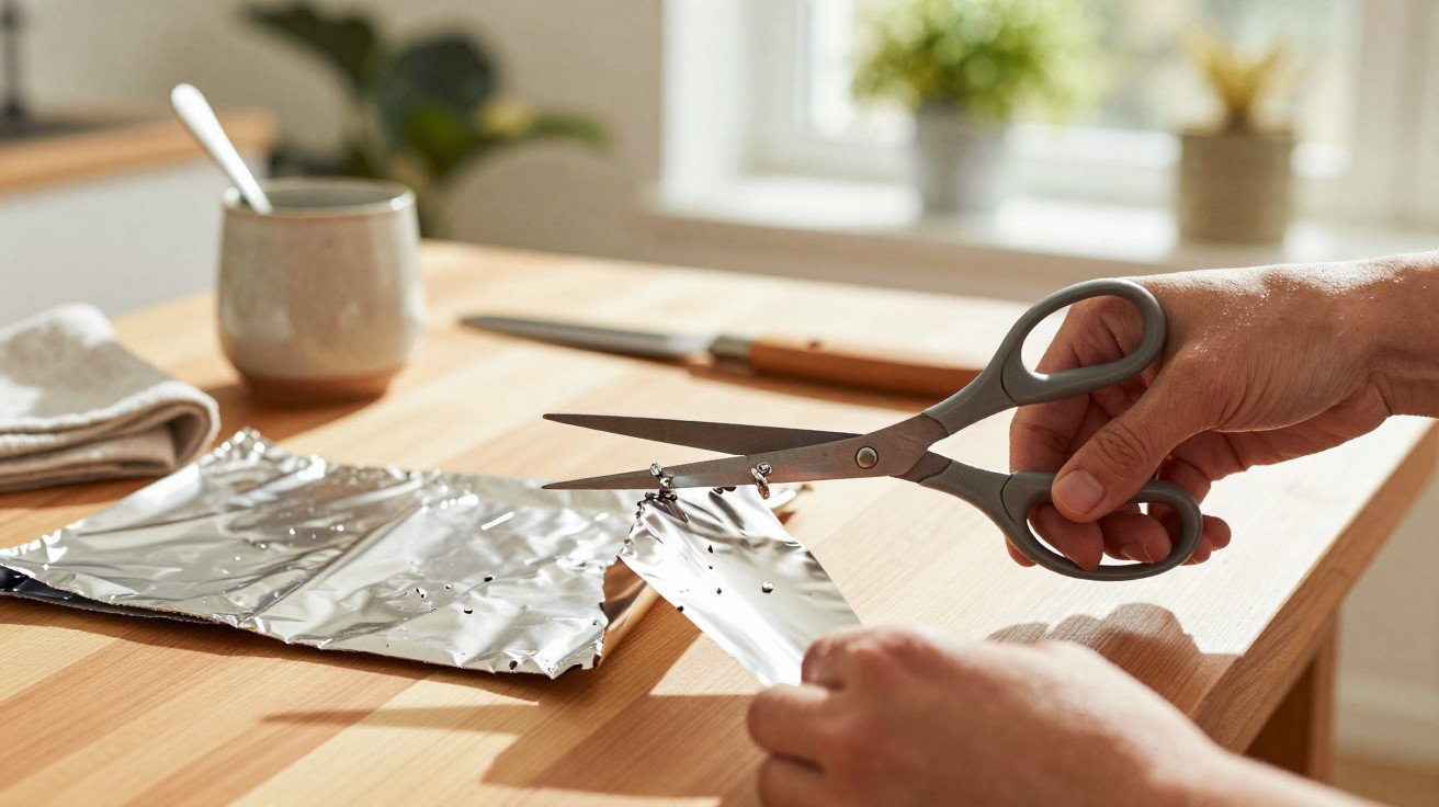 Hands cutting aluminium foil with scissors on a wooden kitchen table with a mug and knife in the background