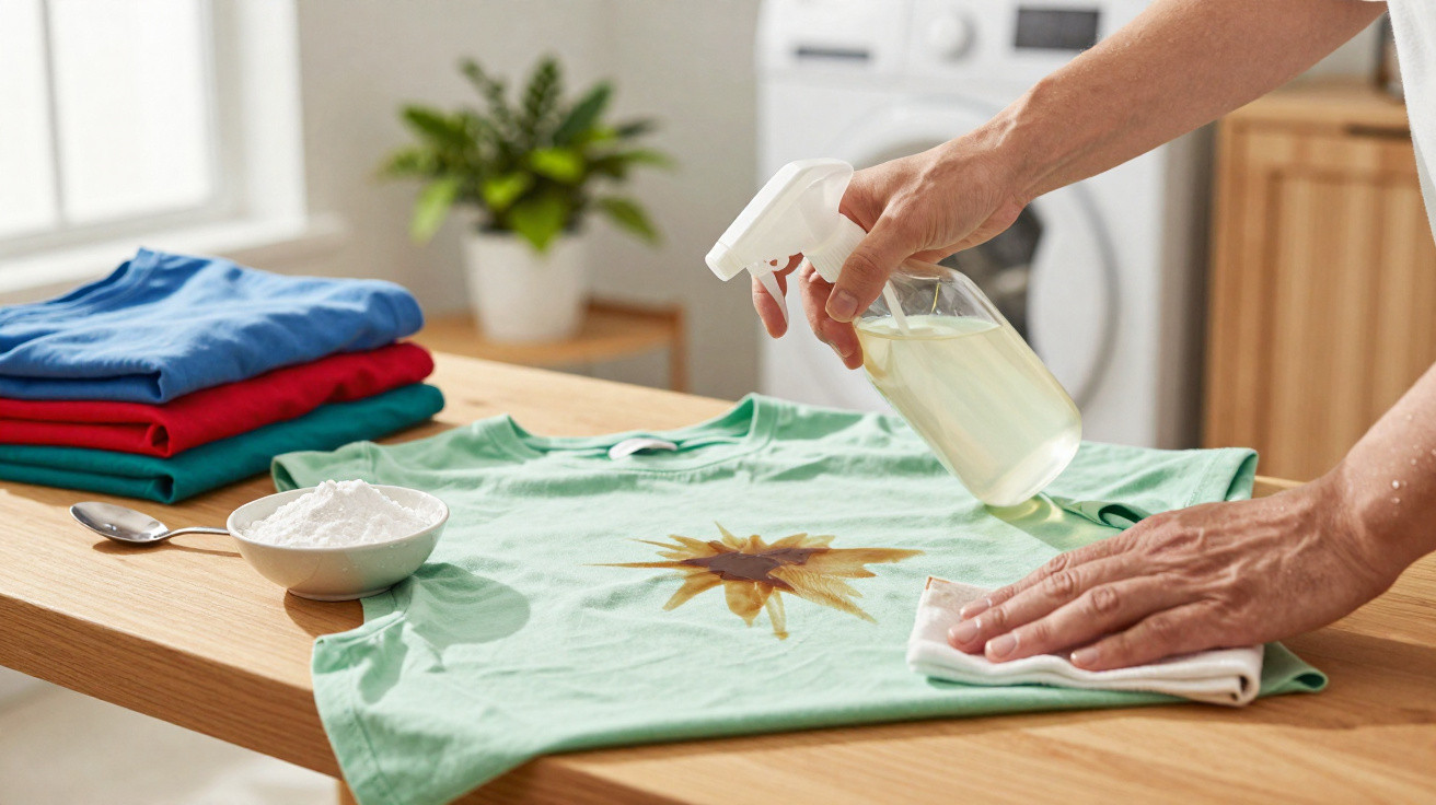 Person cleaning a brown stain on a green t-shirt using spray and cloth on a wooden table with laundry in background.