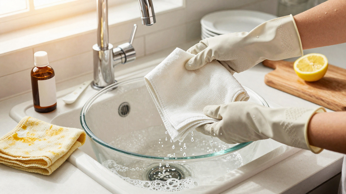 Person wearing rubber gloves wringing out a white cloth over a kitchen sink with water running.