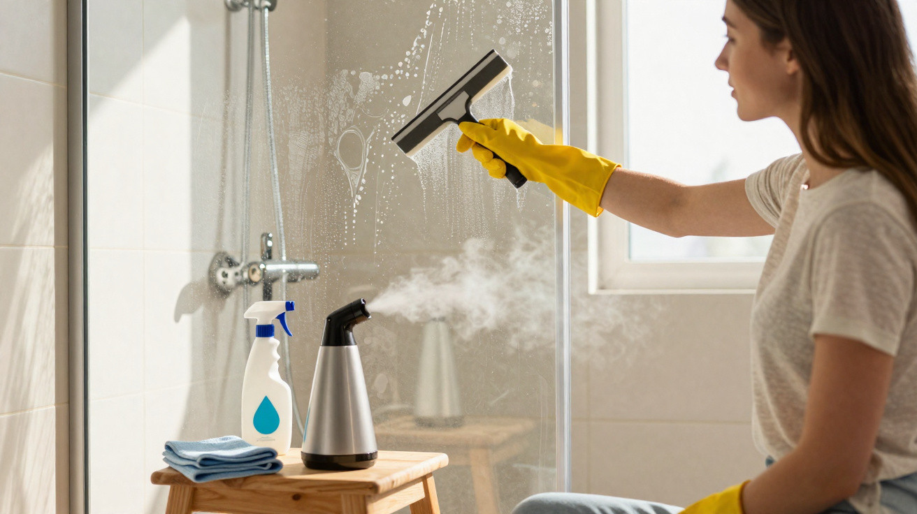 Woman wearing yellow gloves cleaning a shower glass door with a squeegee and steam cleaner in a bathroom.