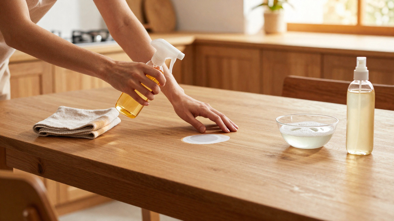 Person spraying cleaning solution on a wooden table with cloth, bowl, and spray bottle nearby in a kitchen.