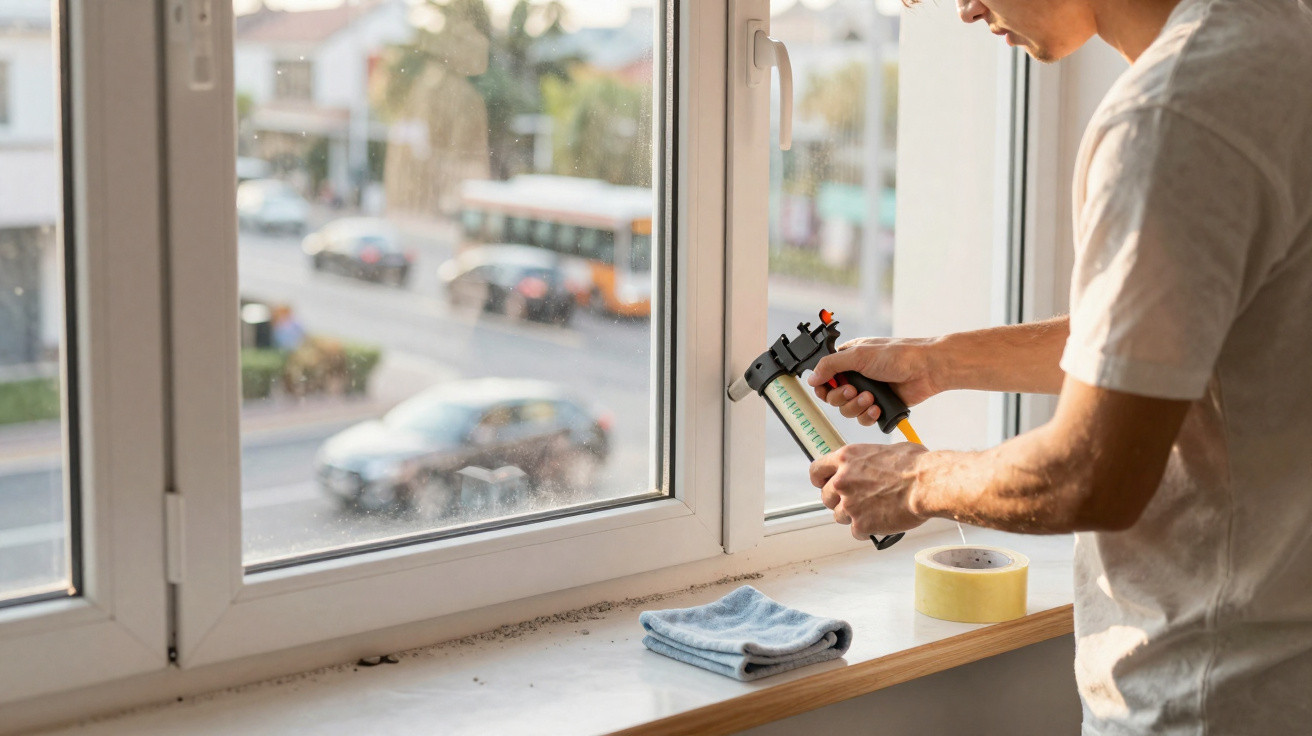 Person applying sealant around a window frame using a caulking gun in daylight.
