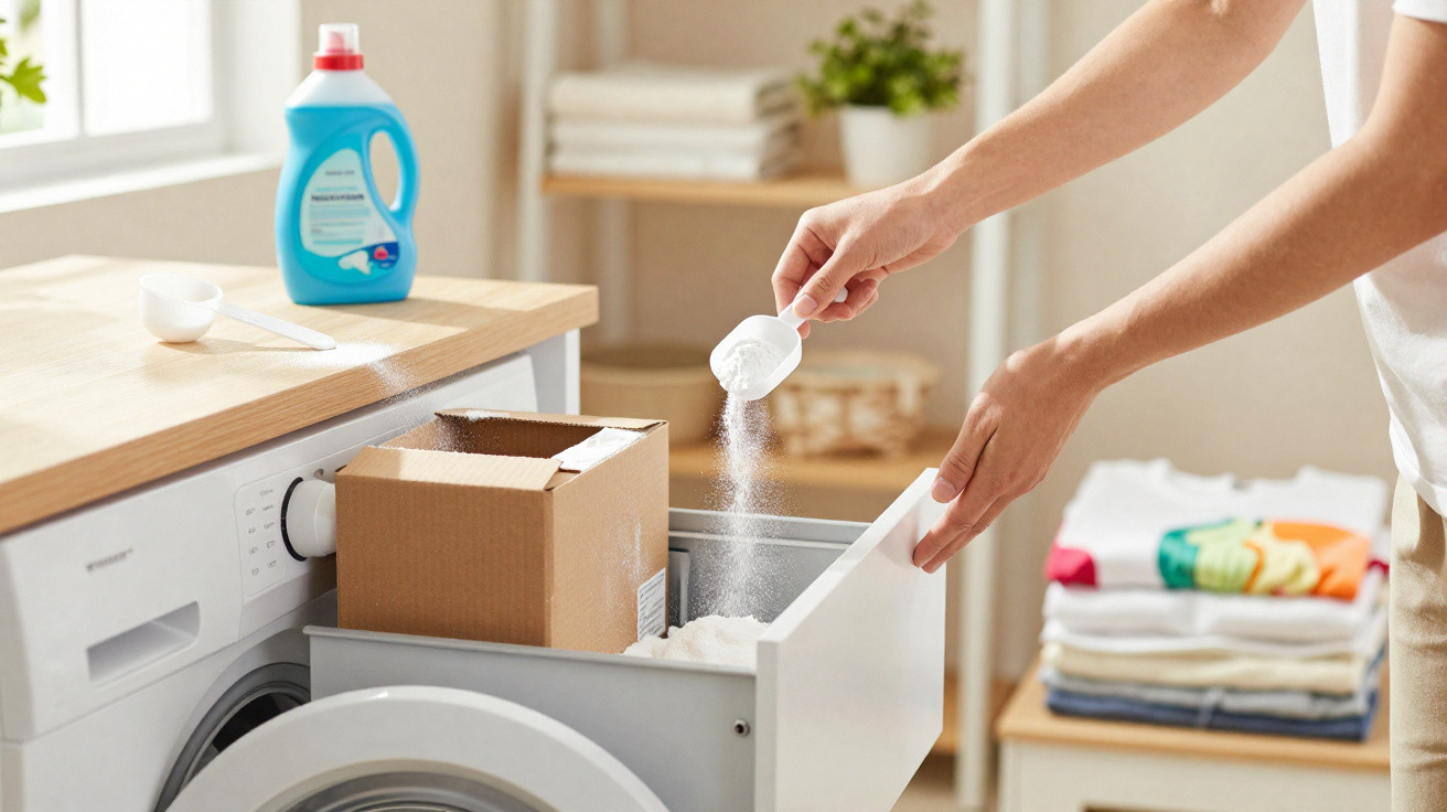 Person pouring laundry detergent powder into a washing machine drawer in a bright laundry room.