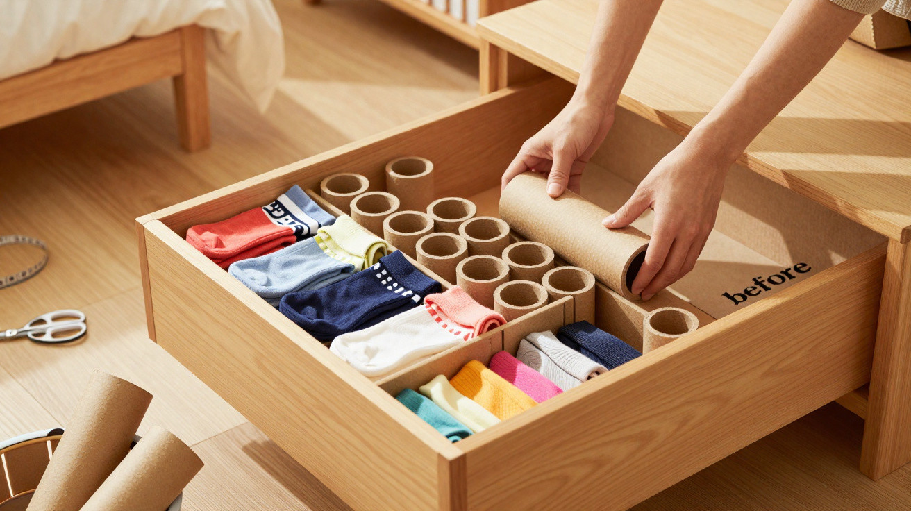 Hands arranging cardboard tubes in a wooden drawer organiser with neatly folded socks inside.