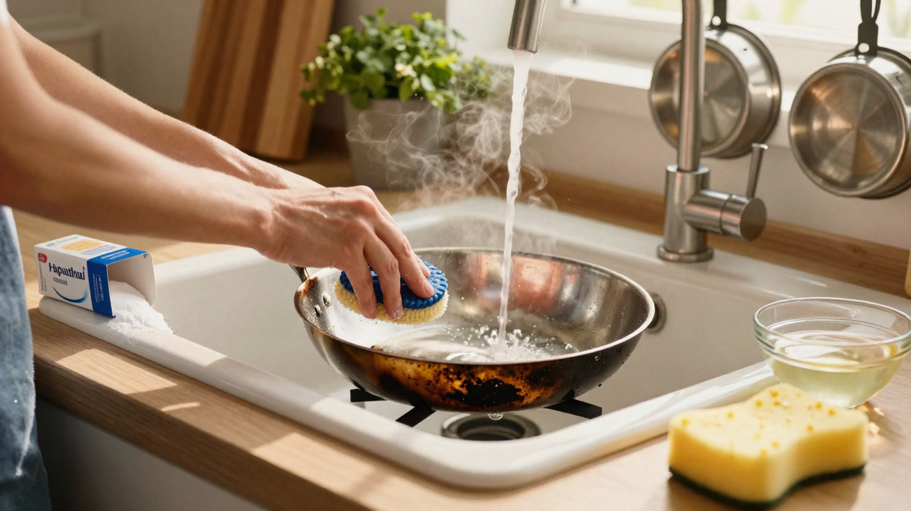 Hand scrubbing a steaming frying pan under running water in a kitchen sink with cleaning supplies nearby.