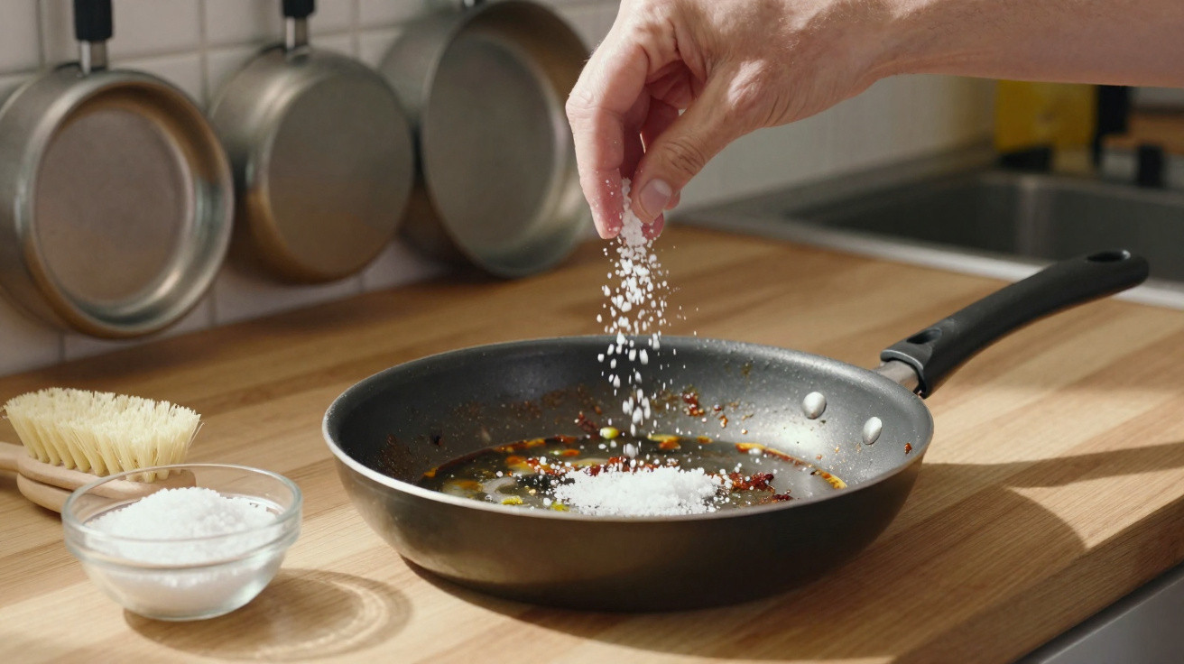 Hand sprinkling salt into a frying pan with oil and spices on a kitchen countertop.