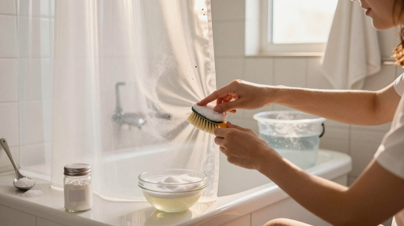 Person scrubbing a shower curtain in a bathroom with a bowl of soapy water and cleaning powder nearby.