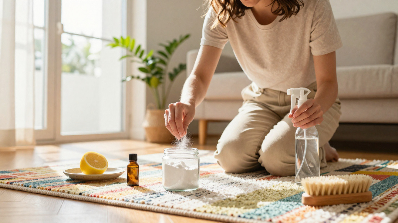 Person kneeling on colourful rug, sprinkling powder from a jar, with lemon, essential oil, spray bottle and brush nearby.