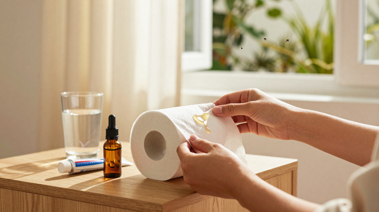 Person applying liquid medicine onto a tissue paper roll beside a glass of water and medical tubes on a wooden table.