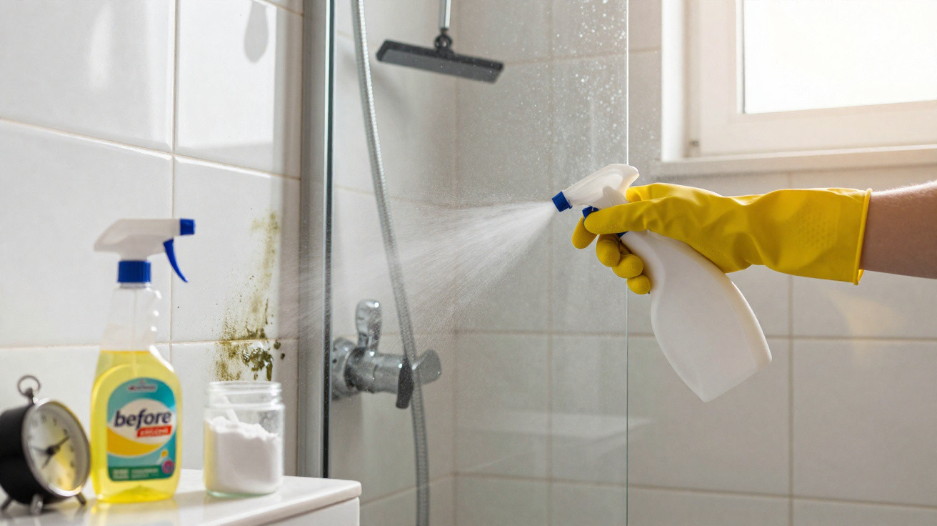 Hand in yellow glove spraying cleaning solution on mouldy tiles in a bathroom shower area.