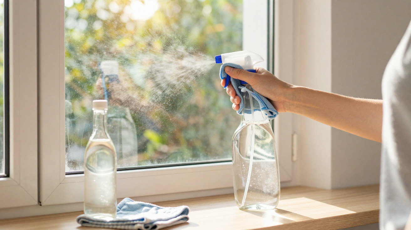 Hand spraying a clear liquid onto a window with a spray bottle on a sunny day.