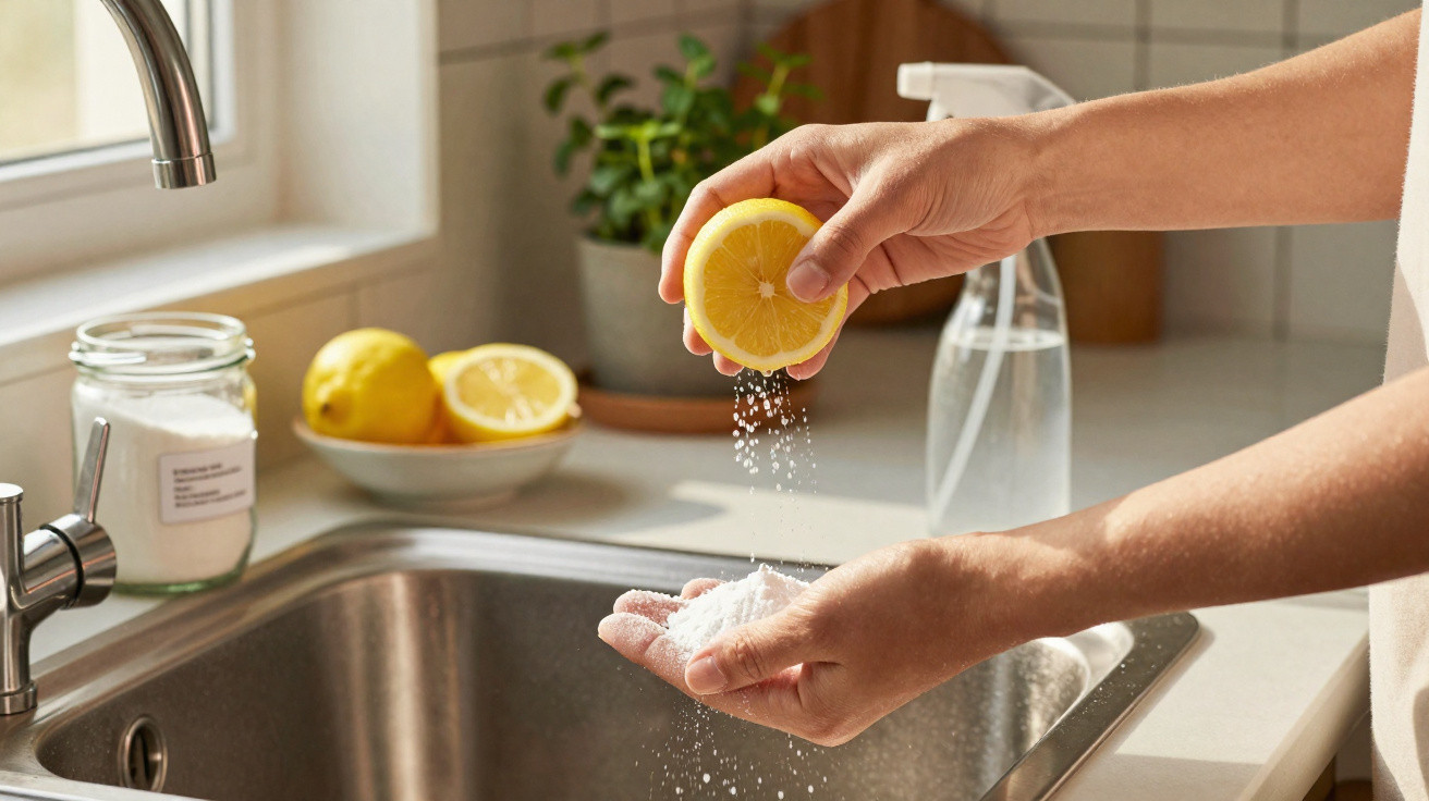 Hands holding a lemon slice sprinkling salt over another hand above a kitchen sink with lemons and a spray bottle nearby.