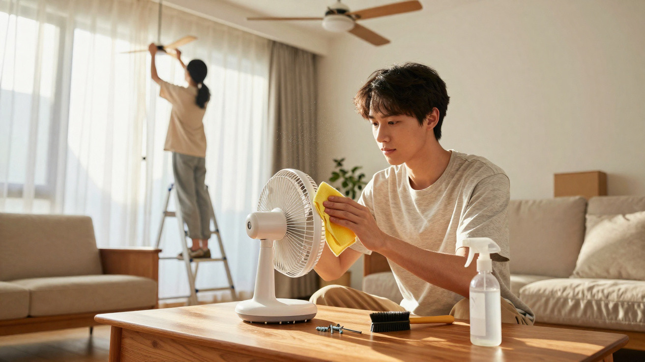 Young man cleaning a table fan while a woman adjusts curtains in a bright living room.