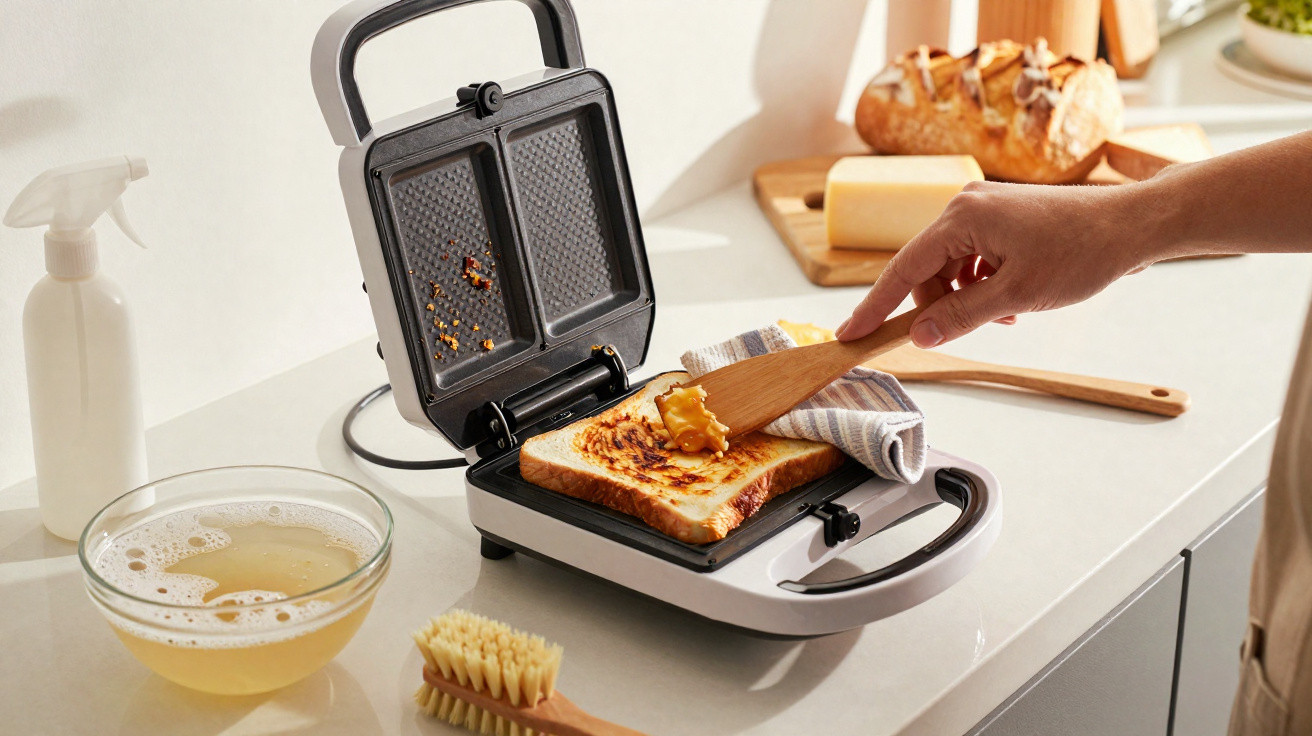 Person spreading melted cheese on toasted sandwich in an electric sandwich maker on kitchen counter.