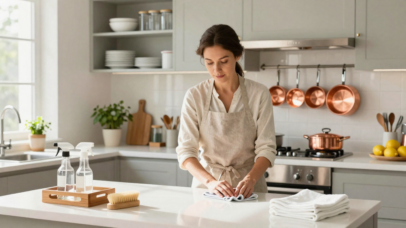 Woman wearing apron wiping a clean kitchen island in a modern kitchen with copper pans hanging on the wall.
