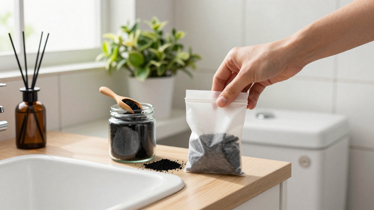 Hand holding a small resealable bag of activated charcoal beside a jar and wooden spoon on a bathroom counter.
