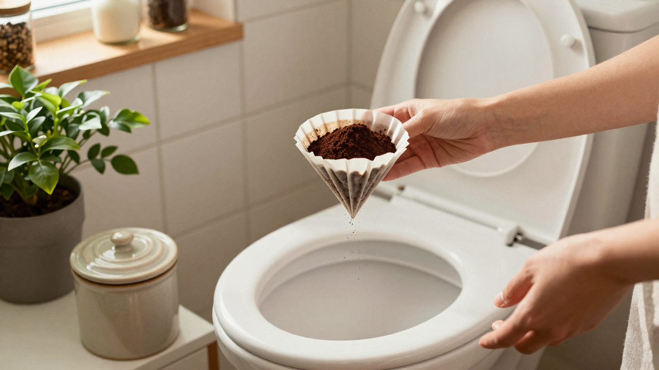 Person holding a coffee filter filled with grounds over a white toilet bowl in a bathroom.