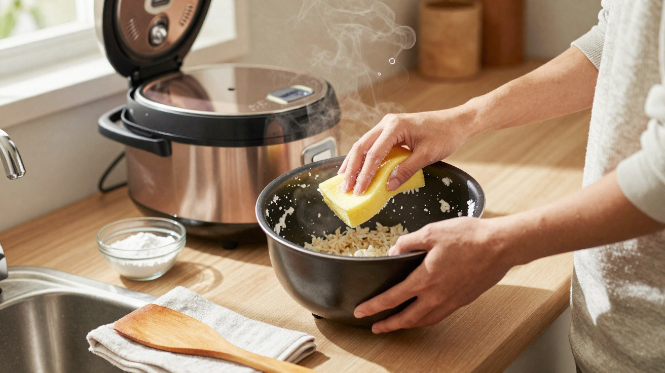 Person cleaning sticky rice from a bowl with a yellow sponge beside a rice cooker on a wooden kitchen counter.