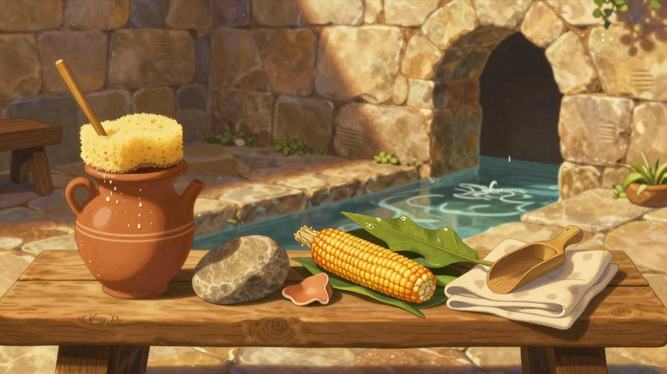 A wooden table holds a jug with a sponge, stone, corn, leaves, and cloth by a stone waterway under an arch.