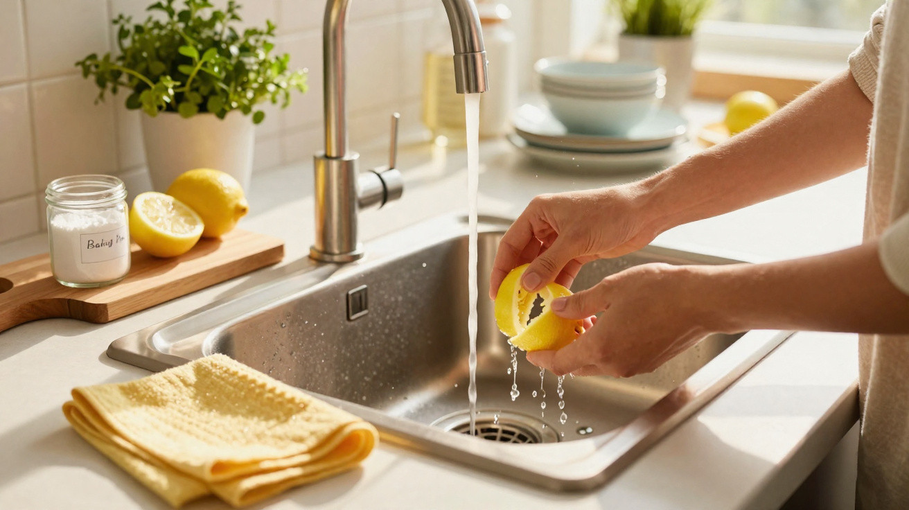 Hands squeezing a lemon over a running kitchen sink with a yellow cloth and plant nearby
