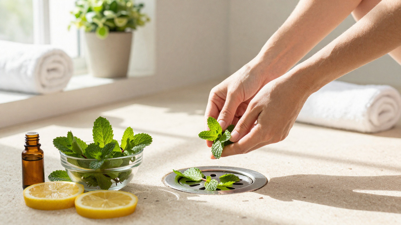 Hands placing fresh mint leaves into a sink drain with lemon slices and a bowl of mint on the counter nearby