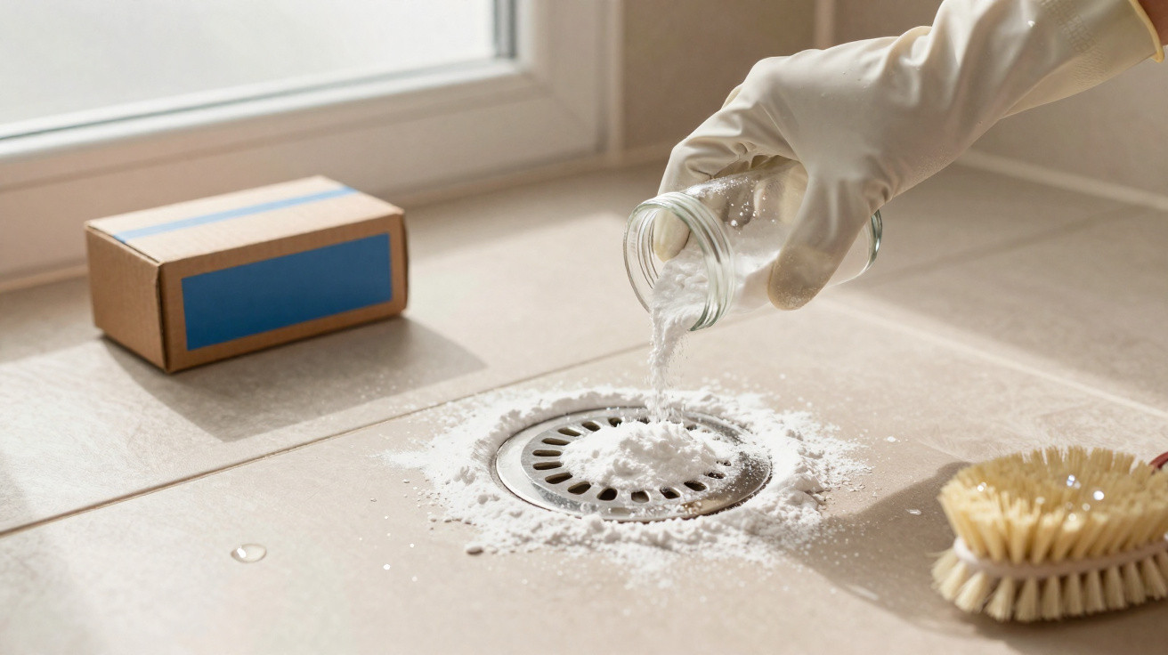 Hand in glove pouring white powder from a jar onto a drain on a tiled floor with a scrub brush nearby.