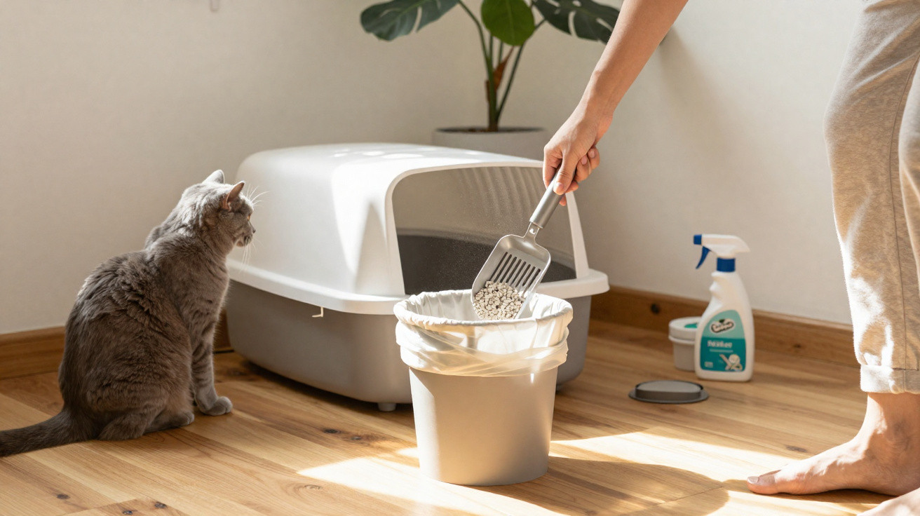 Person scooping cat litter into a bin while a grey cat watches near a covered litter tray on a wooden floor.