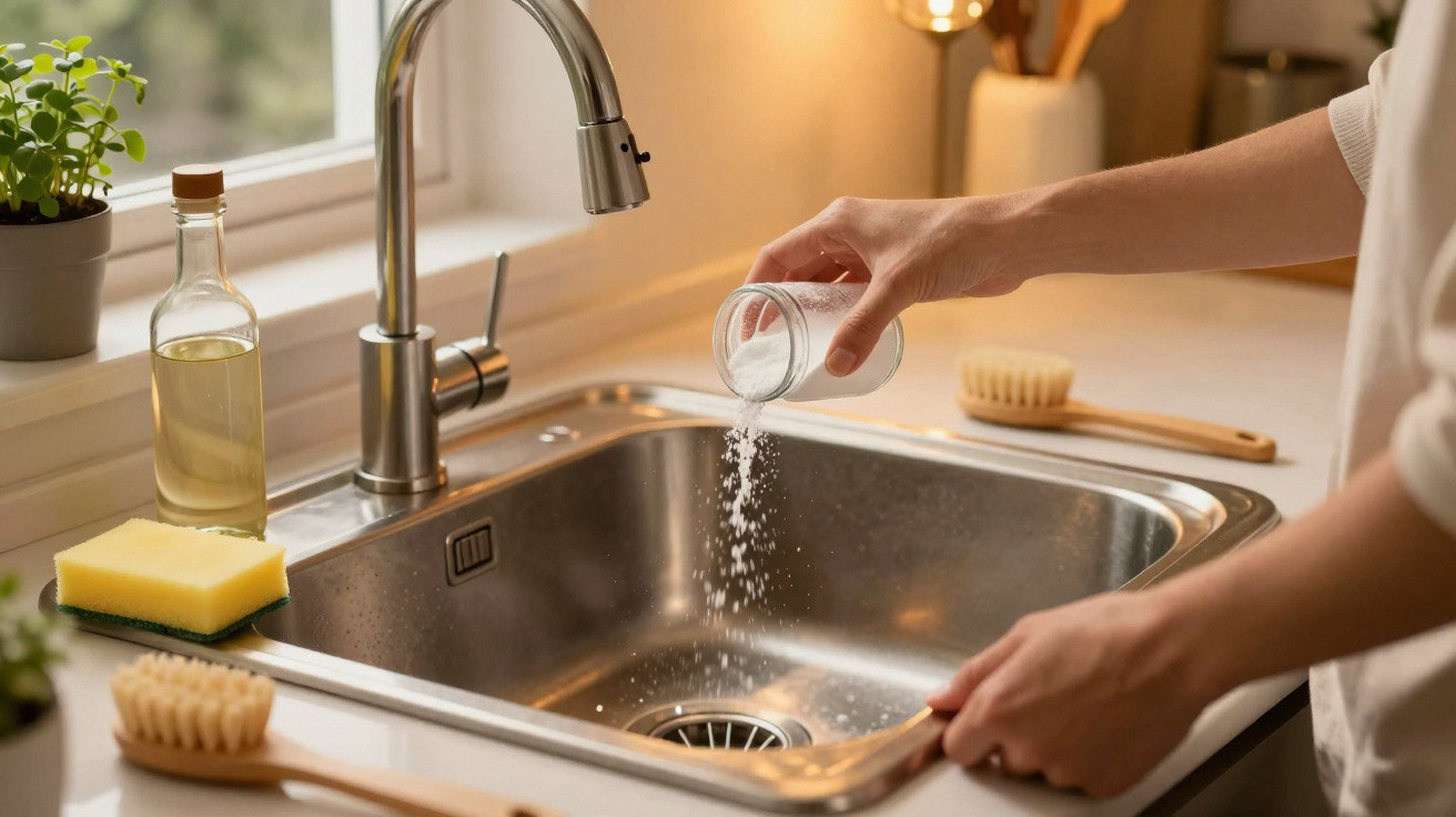 Person sprinkling white powder into a stainless steel kitchen sink with cleaning brushes nearby.
