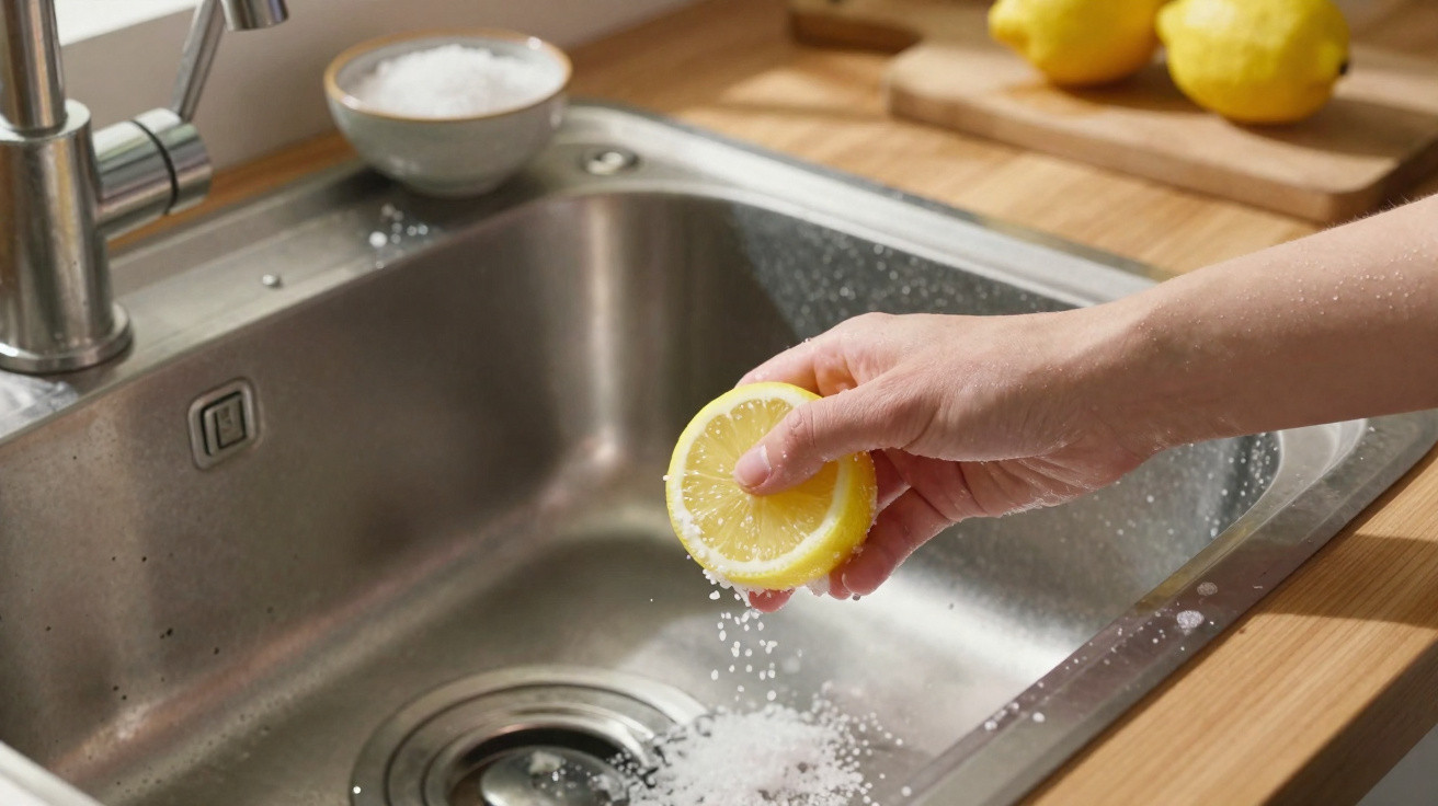 Hand squeezing a lemon over a stainless steel kitchen sink with salt sprinkled inside the sink.