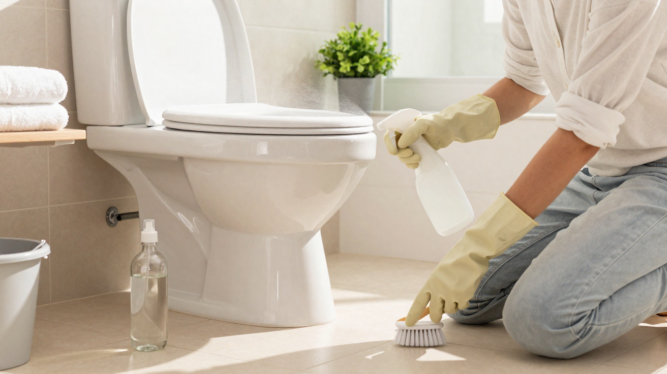 Person wearing yellow gloves cleaning a white toilet with a brush and spray bottle in a bright bathroom.