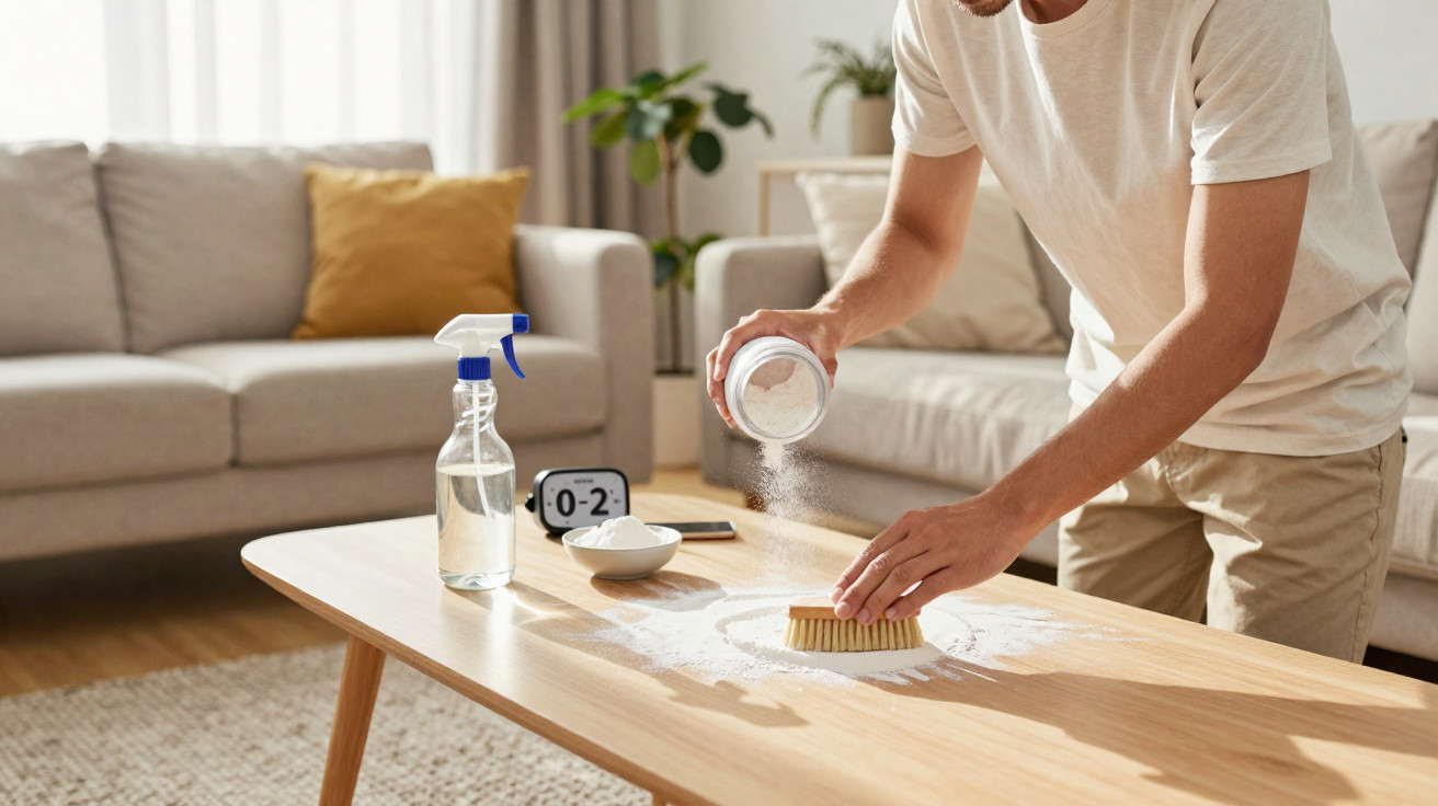 Person cleaning wooden coffee table with brush and powder in bright living room with beige sofa.