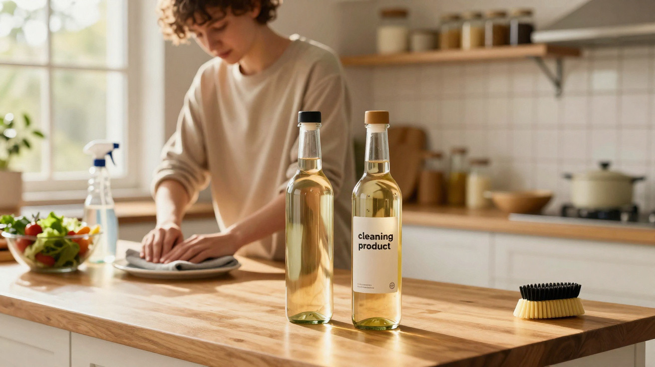 Two bottles of cleaning product on a wooden kitchen counter with a person wiping a plate in the background.