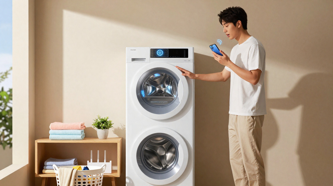 Young man using smartphone to control a modern white washing machine in a bright laundry room.