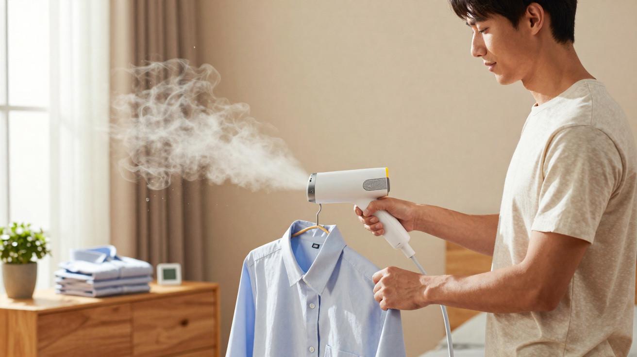 Man steaming a blue dress shirt hanging on a hanger in a bright bedroom.