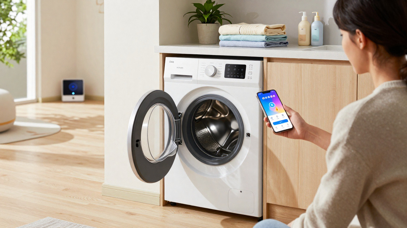 Person controlling a white front-load washing machine with a smartphone in a bright laundry room.