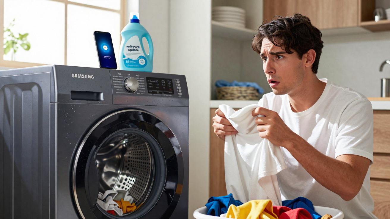 Young man smelling a white shirt suspiciously in front of a Samsung washing machine with laundry detergent on top.