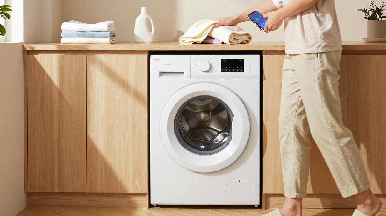 Person holding a smartphone next to a white front-loading washing machine in a modern wooden laundry room.