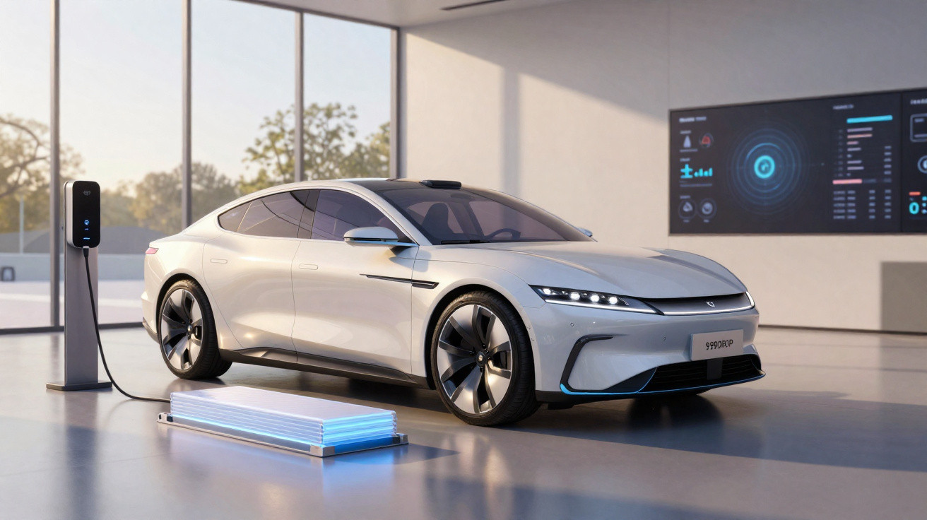 Sleek white electric car plugged into a charging station inside a modern, bright showroom with digital displays.