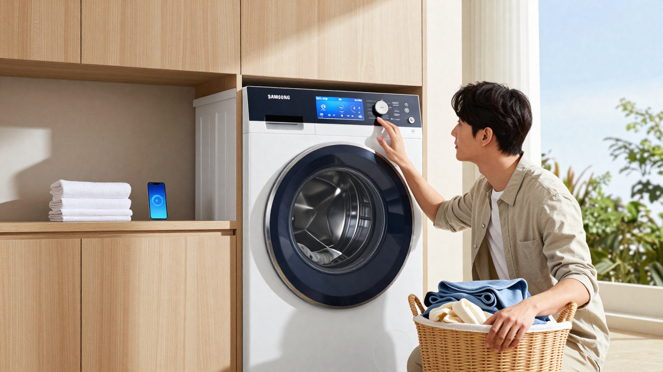 Man adjusting settings on a Samsung washing machine while holding a basket of laundry in a bright room.